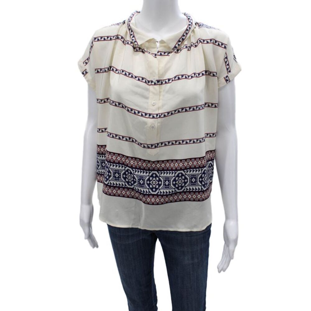 Pablo Womens Tunic Blouse Silk Collared Geometric Ivory Short Sleeve Size 40